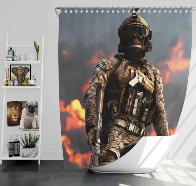 Battlefield 4 Soldier Machine Gun Bath Shower Curtain