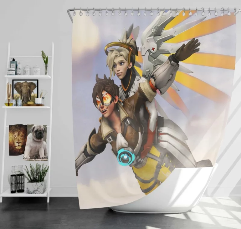 Giving A Lift Tracer And Mercy Overwatch Bath Shower Curtain