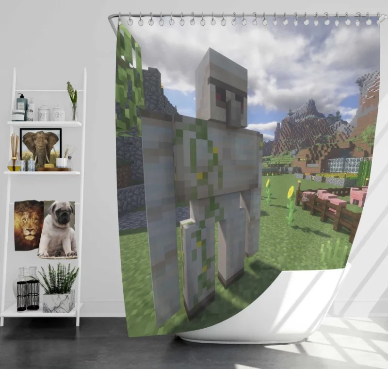 Iron Power Minecraft Golem Pig Bath Shower Curtain