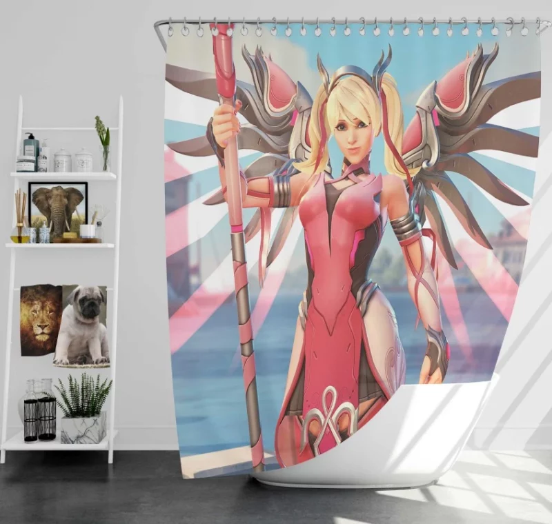 Mercy Overwatch Pink Bath Shower Curtain