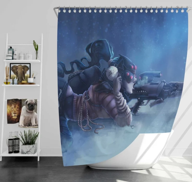 Overwatch Fanskin Polar Widowmaker Amã©lie Lacroix Sniper Winter Snow Lying Down Ponytail Purple Hair Smoke Bath Shower Curtain