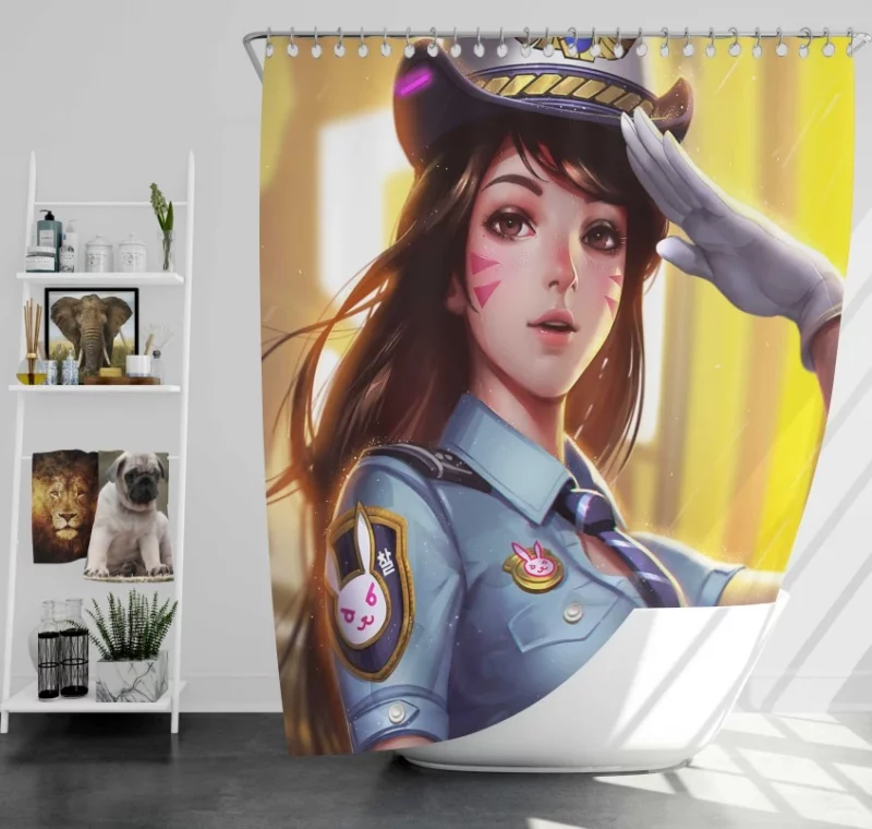 Overwatch Girl D.va Police Brown Eyes Brown Hair Uniform Hat Long Hair Bath Shower Curtain