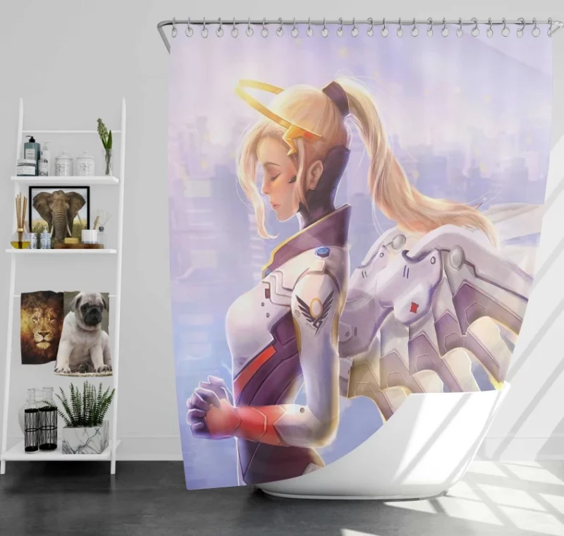 Overwatch Mercy Angel Girl Woman Bath Shower Curtain