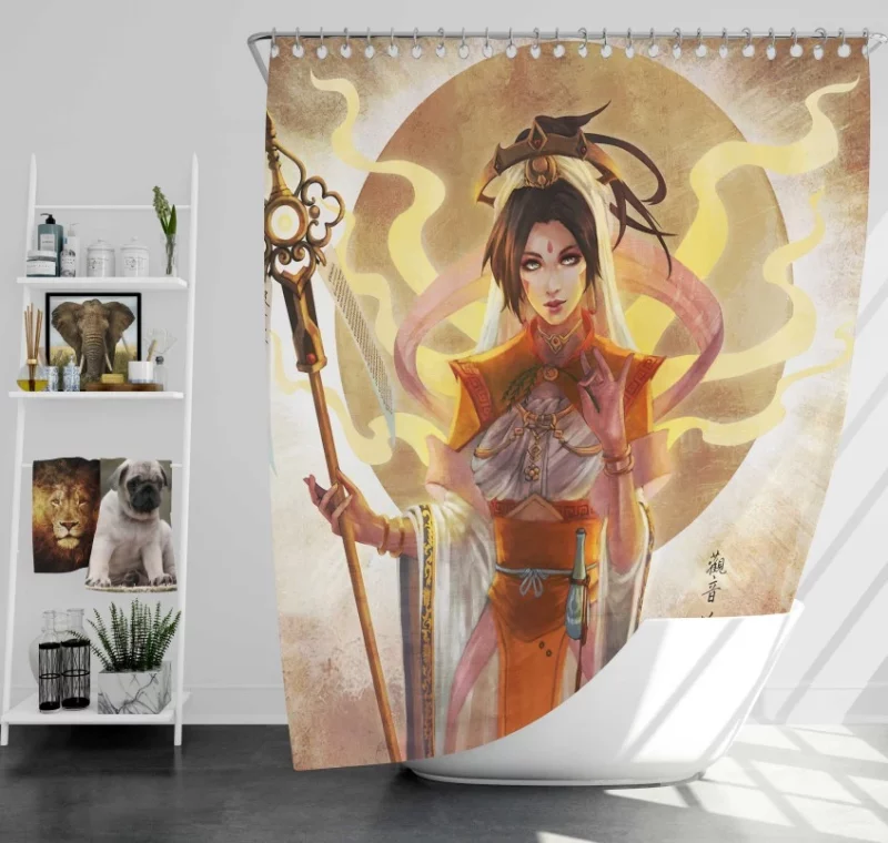 Overwatch Mercy Aqua Eyes Short Hair Woman Brown Hair Girl Bath Shower Curtain