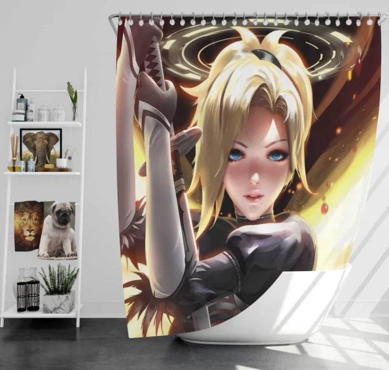 Overwatch Mercy Blonde Blue Eyes Bath Shower Curtain