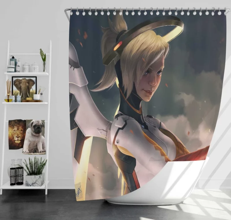 Overwatch Mercy Blonde Blue Eyes Ponytail Bath Shower Curtain