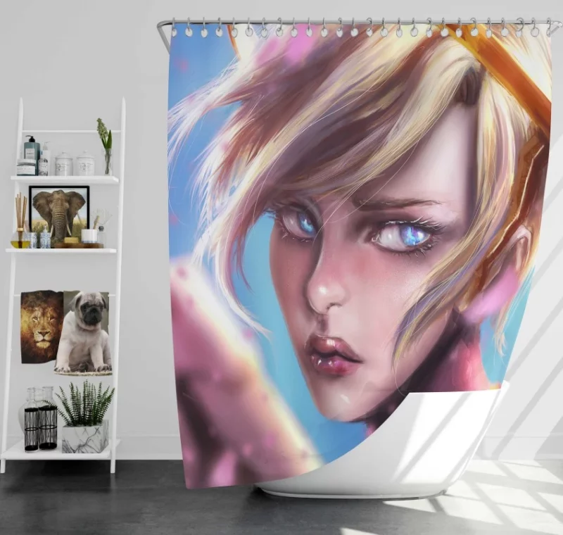 Overwatch Mercy Girl Face Blonde Blue Eyes Bath Shower Curtain