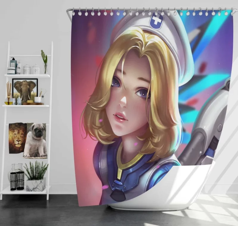 Overwatch Mercy Girl Hat Blonde Bath Shower Curtain