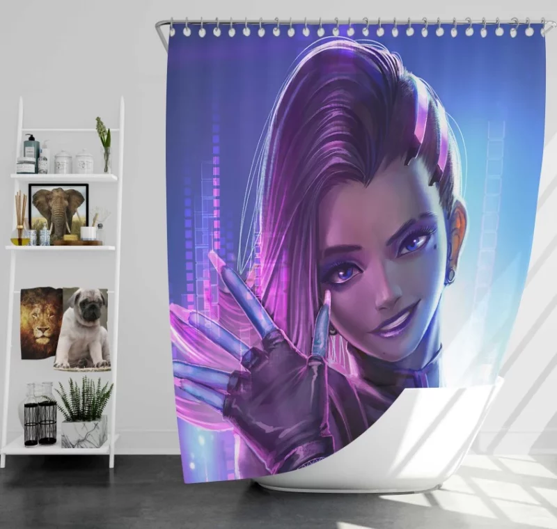 Overwatch Sombra Blue Eyes Purple Hair Bath Shower Curtain