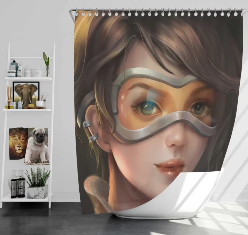 Overwatch Tracer Face Brown Hair Girl Short Hair Bath Shower Curtain