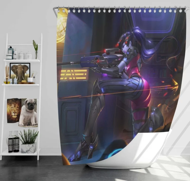 Overwatch Widowmaker Sniper Tracer Amã©lie Lacroix Purple Hair London Big Ben Sniper Rifle Laser Ponytail Bath Shower Curtain