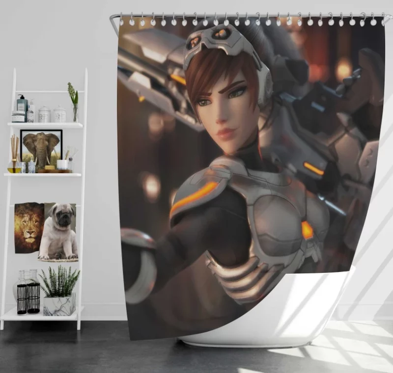 Overwatch Widowmaker Woman Warrior Green Eyes Brown Hair Sniper Rifle Short Hair Bath Shower Curtain