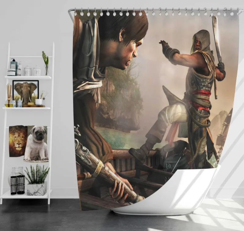 Pirate Ship Sailing Into The Sunset Assassins Creed Iv Black Flag Bath Shower Curtain