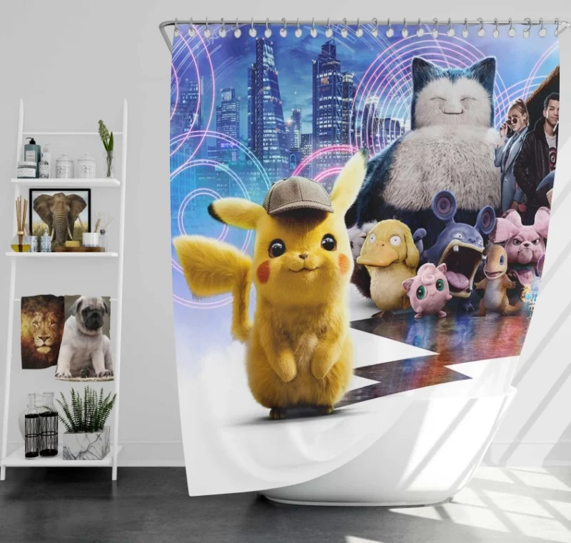 Pokémon Detective Pikachu Justice Smith American Actor Pikachu Cap Neon Psyduck Snorlax Building Bath Shower Curtain