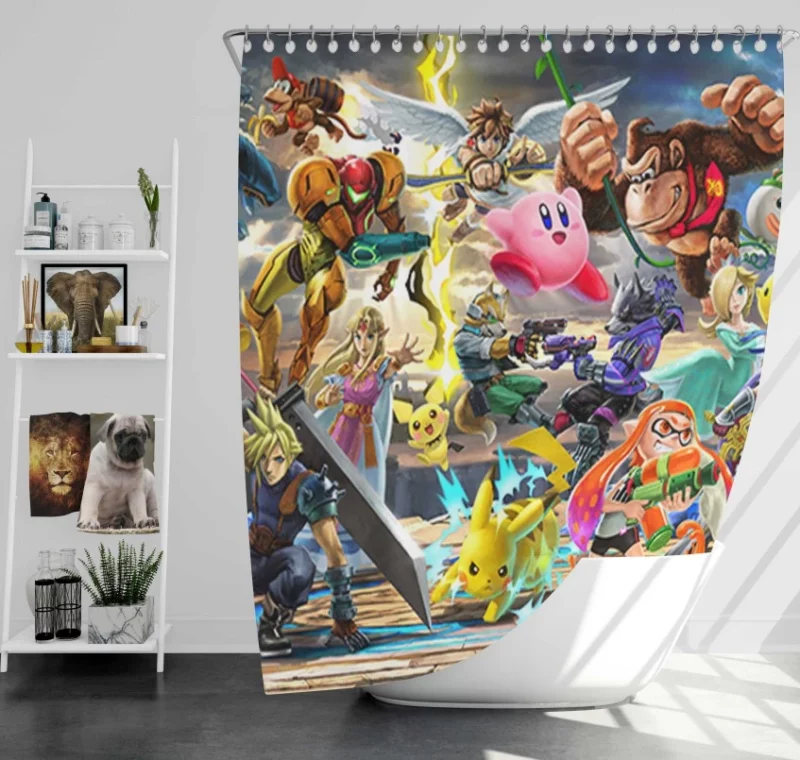 Super Smash Bros Ultimate Character-Themed Bath Shower Curtain