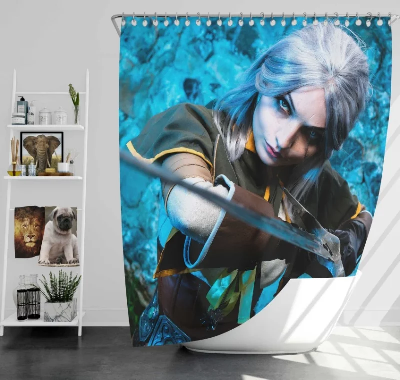 The Witcher 3 Wild Hunt Warrior Geralt Of Rivia With Redhead Woman in Purple Dress Night Moon Background Bath Shower Curtain