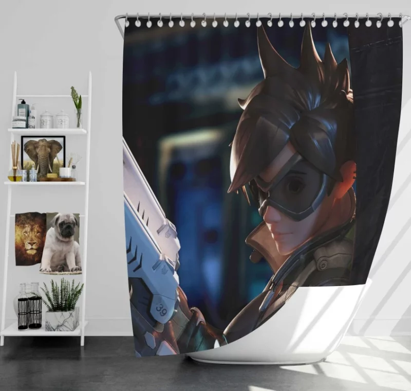 Tracer Sneaking Around Overwatch Bath Shower Curtain