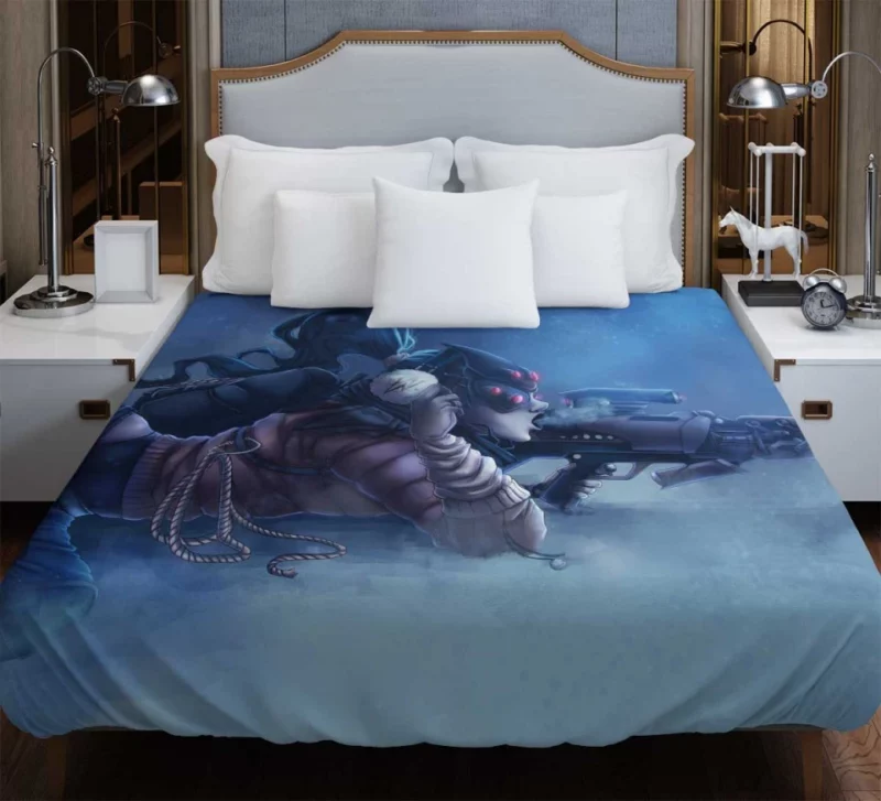 Overwatch Fanskin Polar Widowmaker Amã©lie Lacroix Sniper Winter Snow Lying Down Ponytail Purple Hair Smoke Bedding Duvet Cover