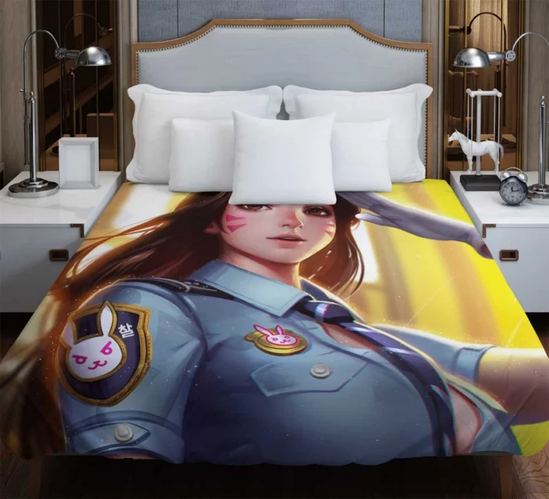 Overwatch Girl D.va Police Brown Eyes Brown Hair Uniform Hat Long Hair Bedding Duvet Cover